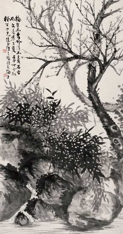 汪吉麟 壬申（1932年）作 梅竹双清 中堂